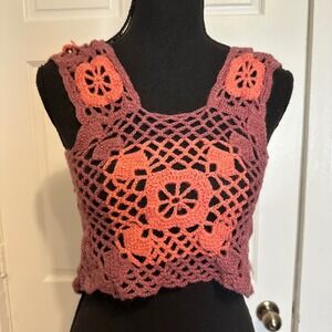 Crochet Crop Top Purple Coral Sleeveless Lace Up Back Festival Bohemian Handmade